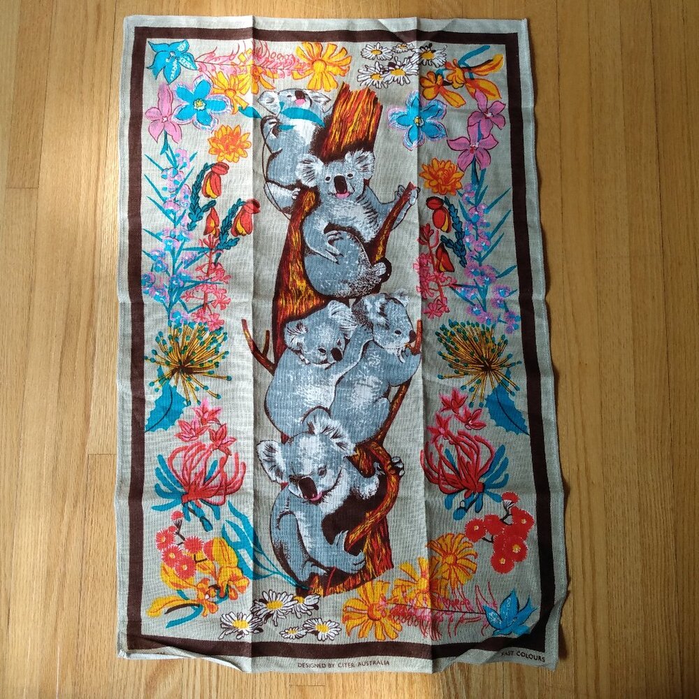 Vintage Souvenir Tea Towel Australia Koala Bear Flowers Pure Linen Collectible